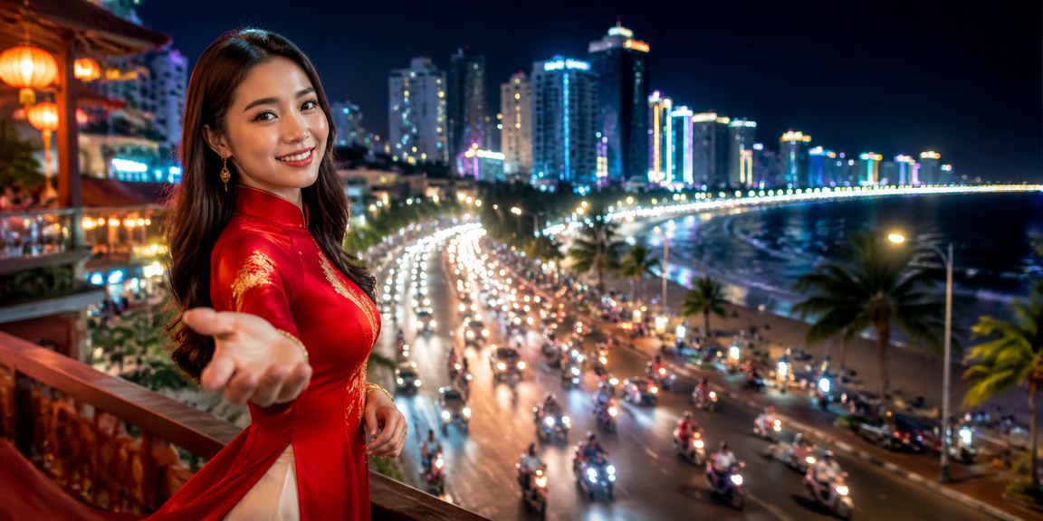 Người phụ nữ áo dài tại Nha Trang nhận thưởng nạp tiền cá cược trực tuyến bên bờ biển